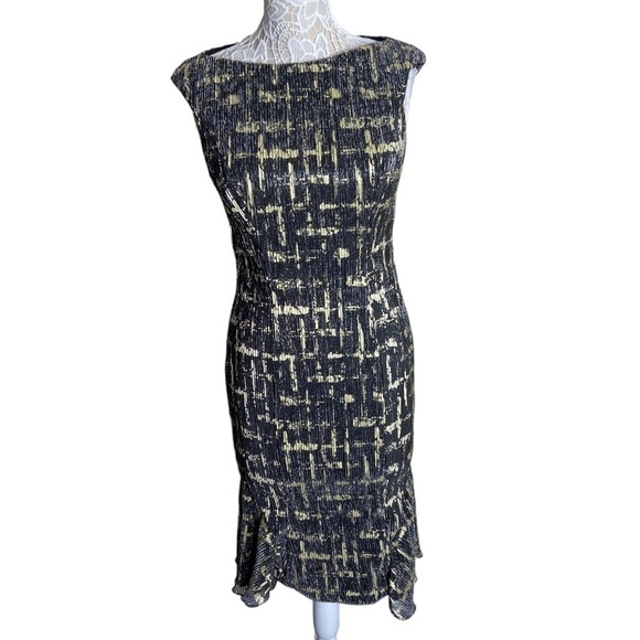 NWT Ieena Mac Duggal Black & Gold Metallic Ruffle Hem Midi Dress size 6 - Picture 3 of 8